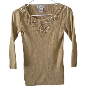 Vintage 90’s‎ Y2K Gold Metallic Sequin Beaded Ribbed Sweater Women’s Medium